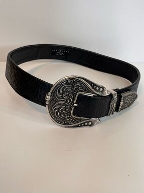 Suzi Roher Black Embossed Leather Western Belt Ornate Silver Buckle Small Plus